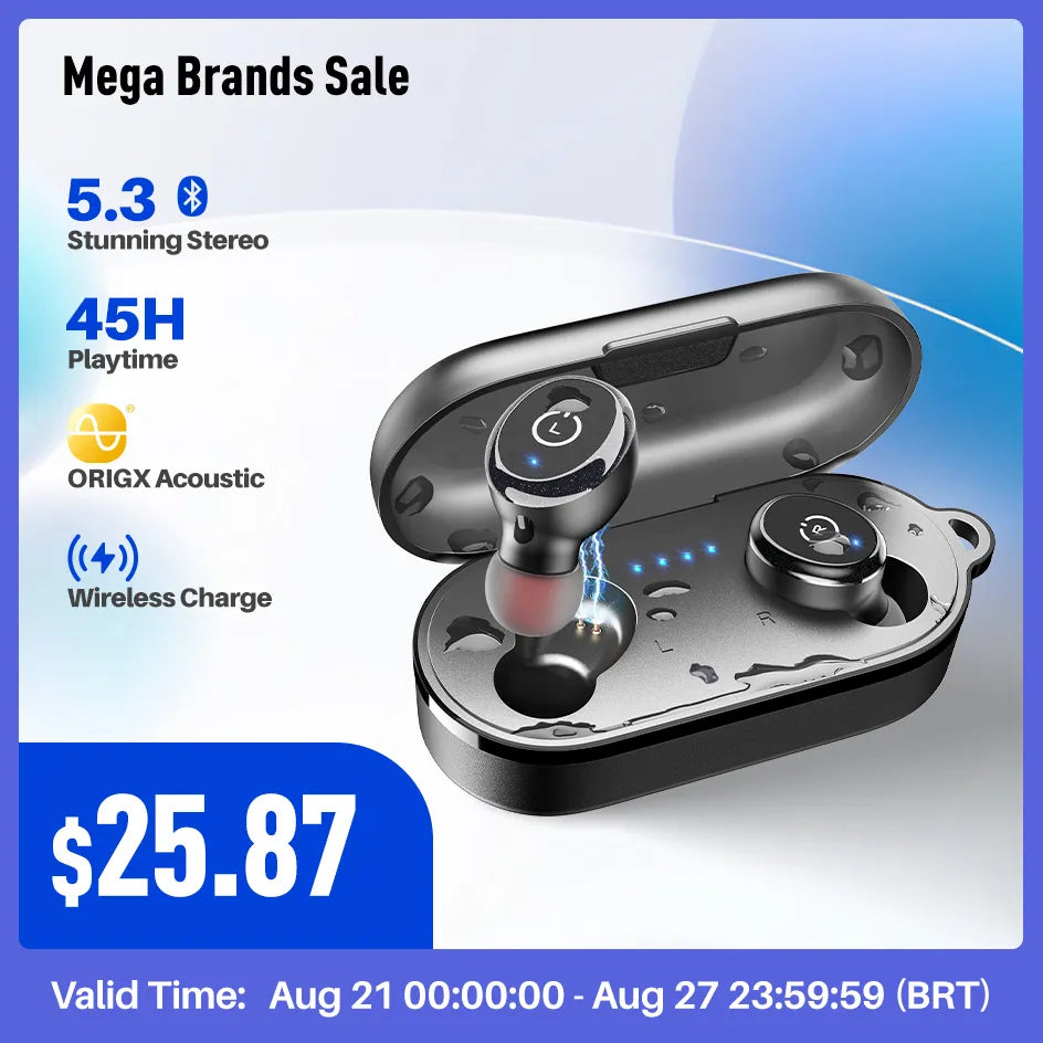 TOZO T10 Earbuds - Deep Bass Bluetooth 5.3 Wireless Headphones with AI Call Clarity and IPX8 Waterproof, 45H Battery Life